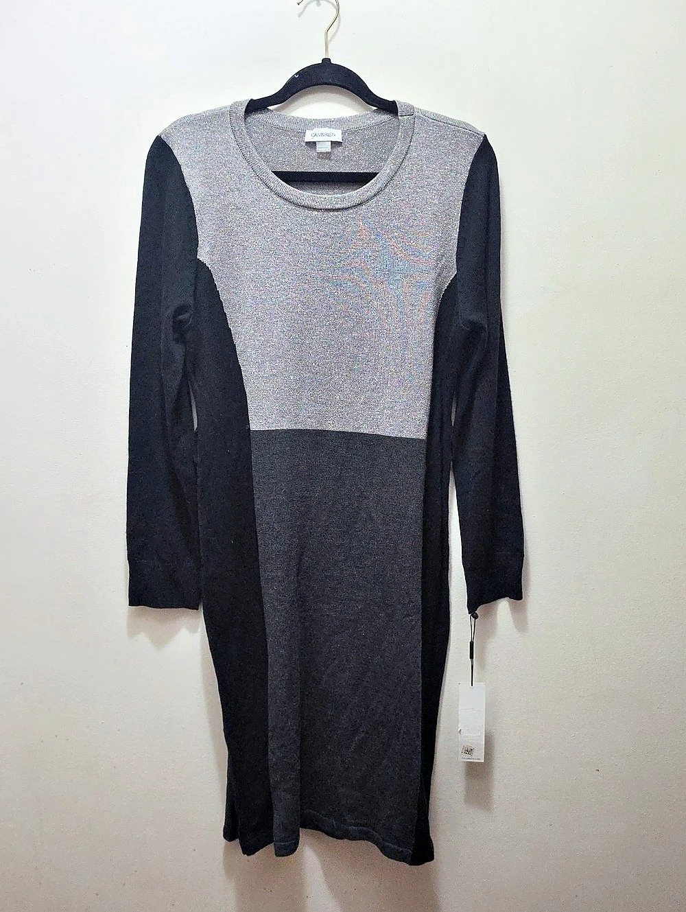 Calvin Klein Metallic Colorblocked Sweater Dress Black & Gray